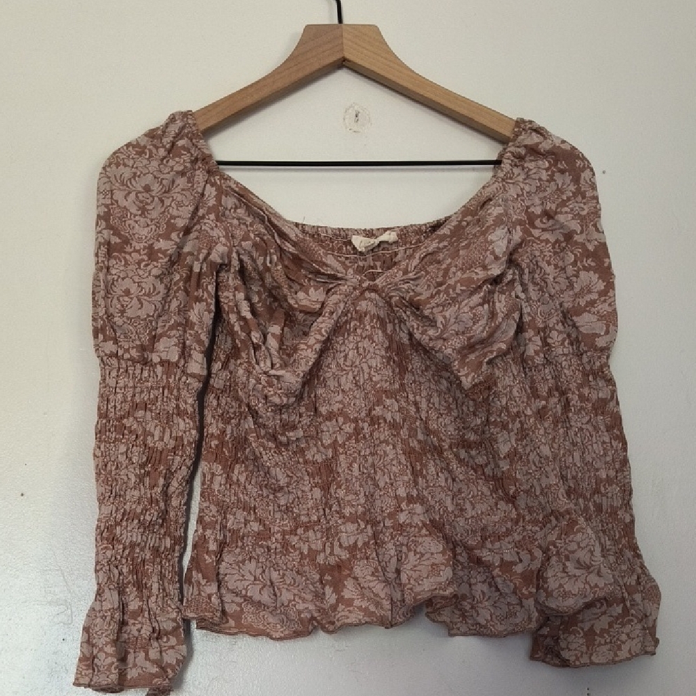 Franco Brown Floral Brocade Long Sleeve Women's Top Sz Med Women
